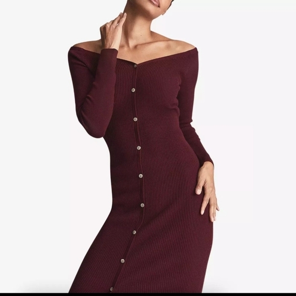NWT REISS Off-shoulder Rib Knitted Midi Long Sleeve V-neck Burgundy Dress - L - Picture 2 of 12